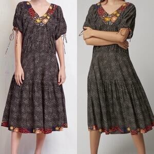Warm Sola Black 100% Cotton Floral Smock Midi Peasant Dress 1 S